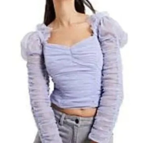 French Connection Lavender Top Edrea Tulle Top Size 12 Ruched Cropped - Picture 2 of 11